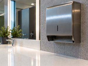 Signs Your Office Needs a New Commercial Office Cleaning Service 2 Empty paper towel dispenser in a commercial office restroom, a common sign of poor janitorial service